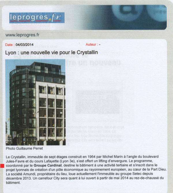 Groupe Cardinal et Jean Christophe Larose  - Revue de presse mars 2014 - Le progres 05 mars