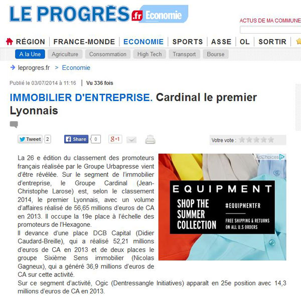 Presse - Le Progrès - Immobilier d'Entreprise : Le Groupe Cardinal premier Lyonnais