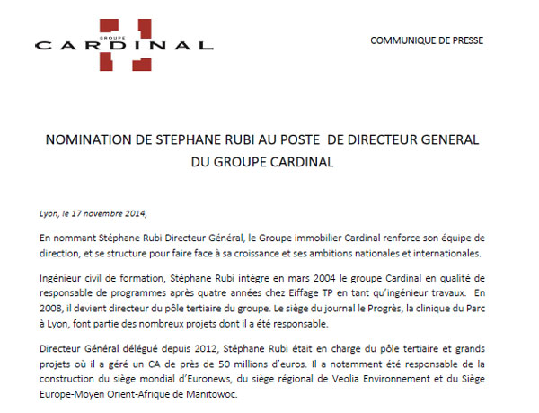 Nomination de Stephane Rubi au poste de Directeur Général du Groupe Cardinal