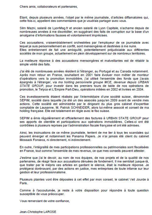 Communiqué de Presse - Copie courrier Jean-Christophe Larose