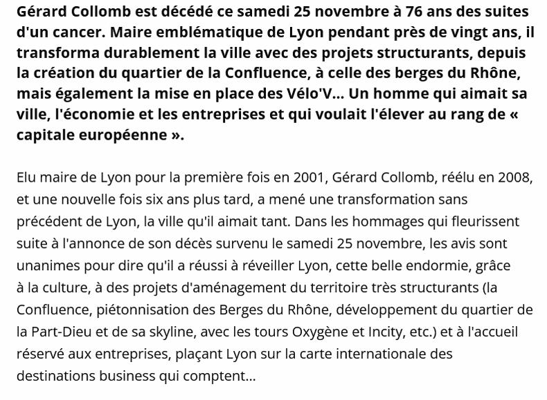 Jean Christophe Larose : Bref Eco - Hommage à Gerard Collomb 